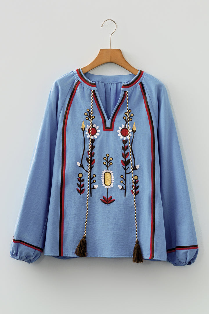 Real Teal Floral Embroidered Split Neck Tassel Tie Puff Sleeve Blouse