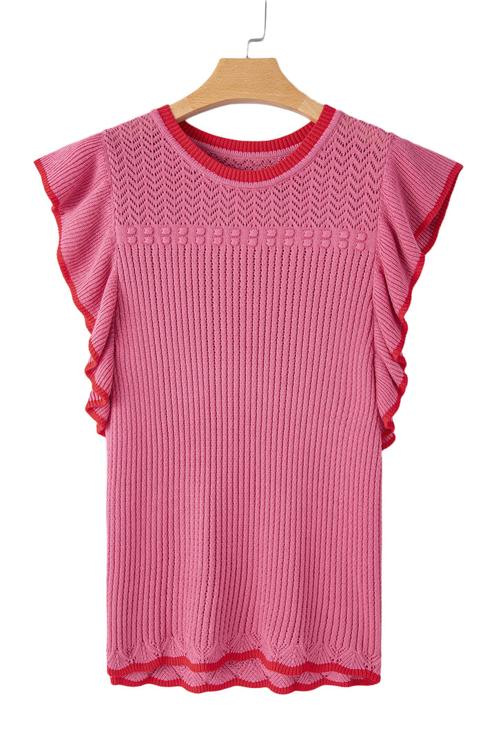 Ruffled Contrast Trim Plus Size Short Sleeve Sweater