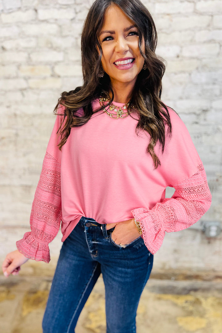 Drop Shoulder Lace Ruffled Sleeve Patchwork Loose Sweatshirt