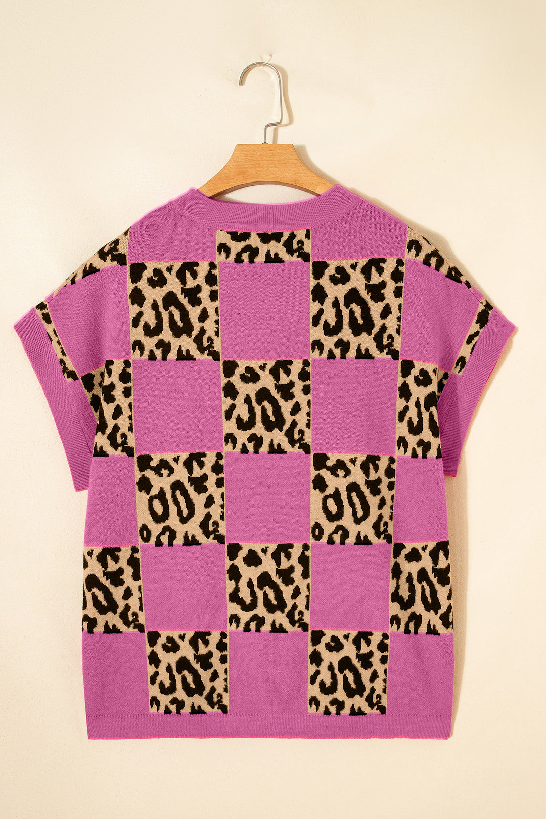 Rose Red Leopard Checkerboard Short Sleeve Knit Sweater