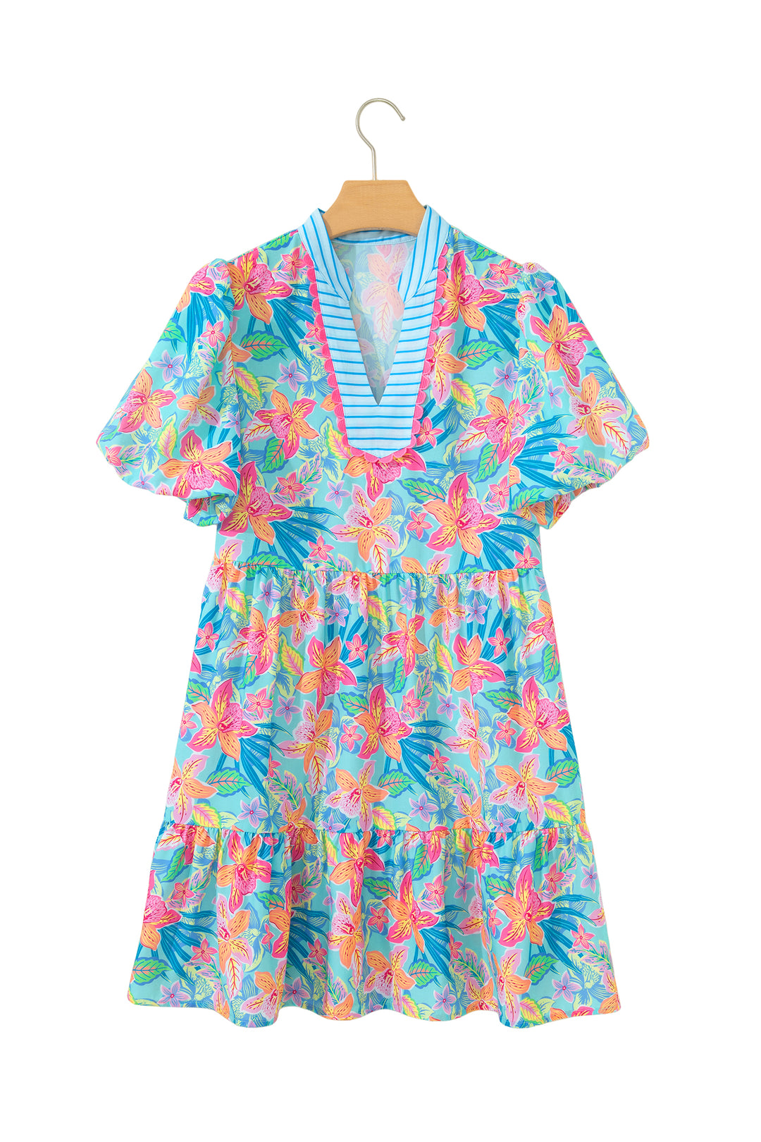 Multicolour Floral Print Contrast Scallop Striped Trim V Neck Dress
