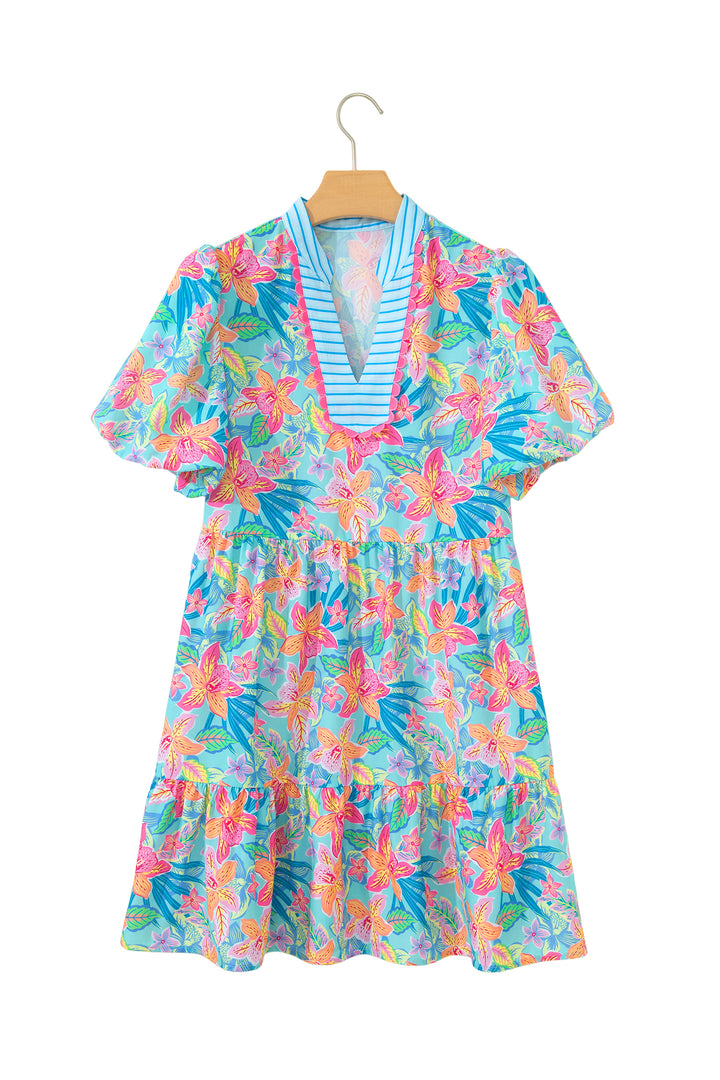Multicolour Floral Print Contrast Scallop Striped Trim V Neck Dress