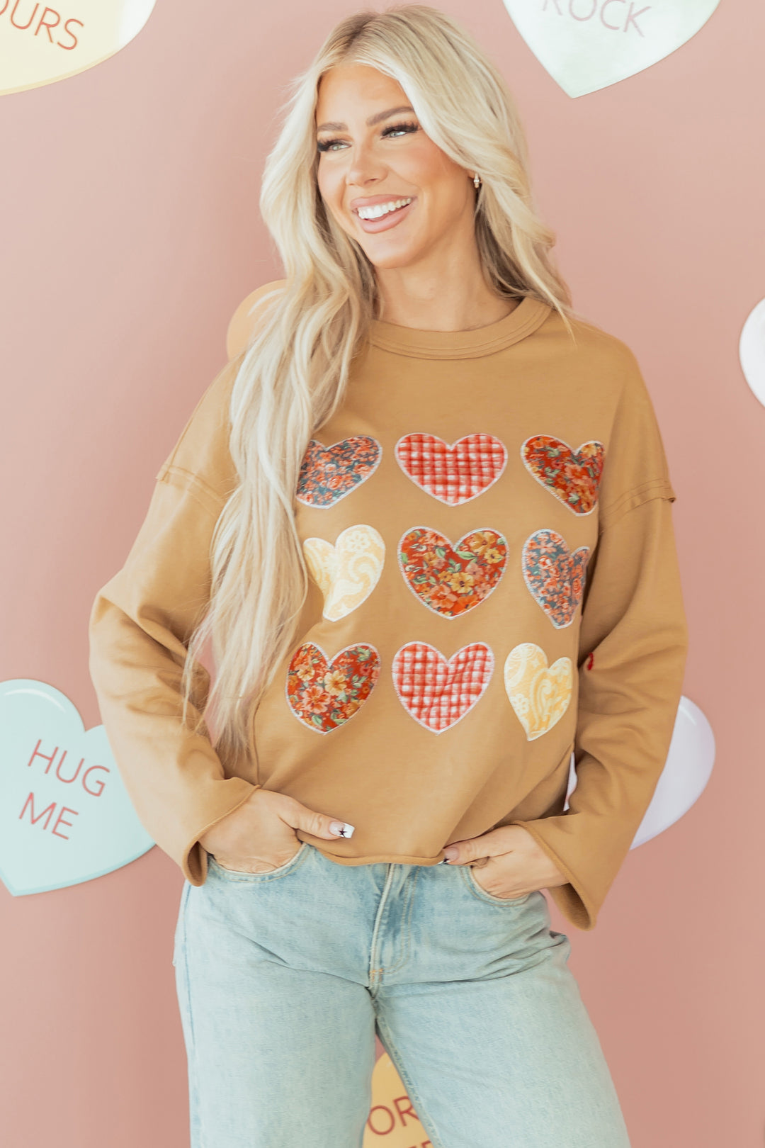 Plaid Floral Heart Stitched Exposed Seam Mineral Wash Sweatshirt