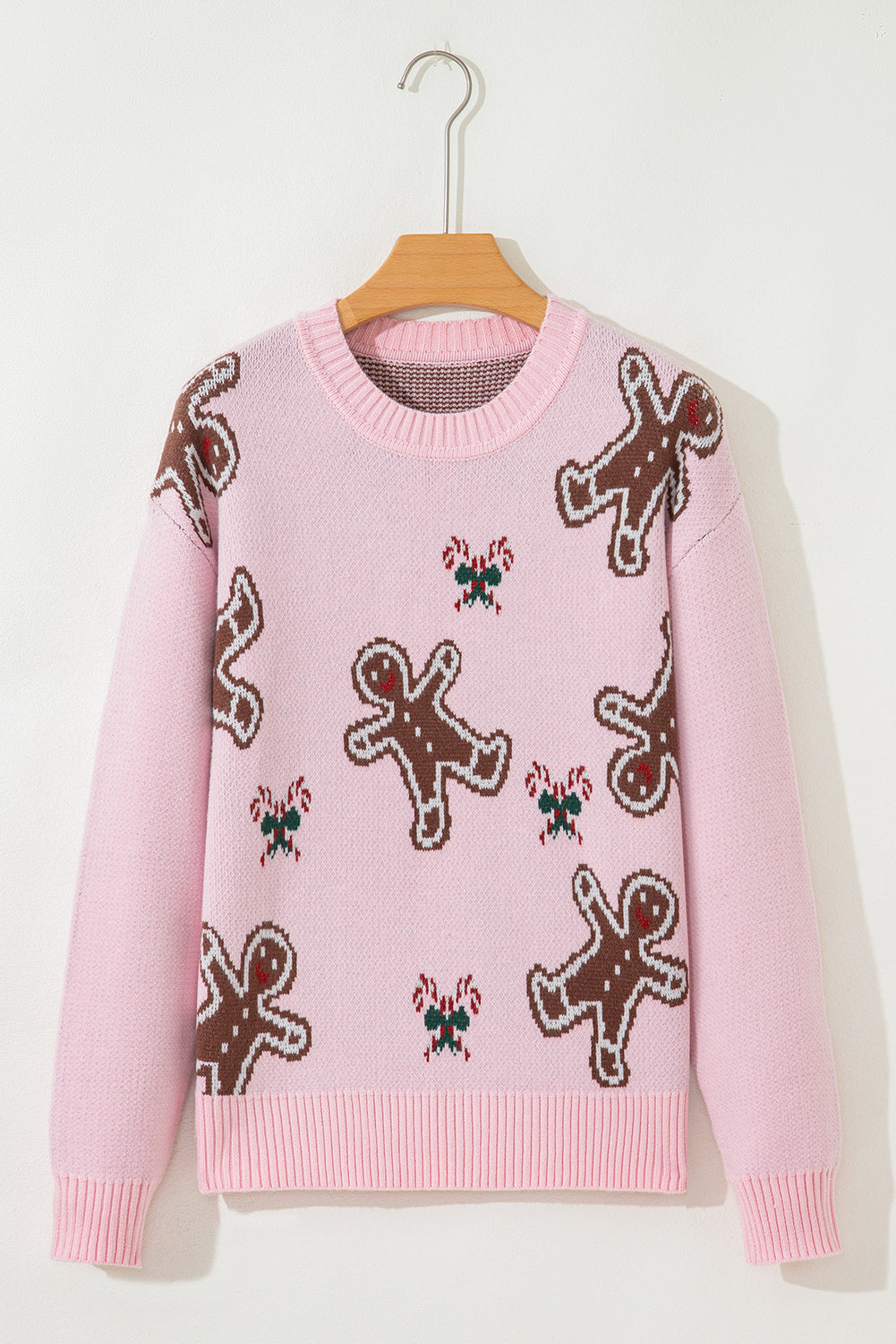 Christmas Ginger Bread Man Print Round Neck Casual Sweater