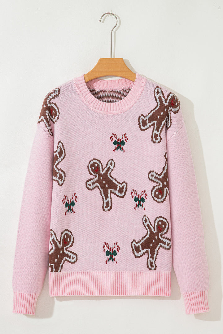 Christmas Ginger Bread Man Print Round Neck Casual Sweater