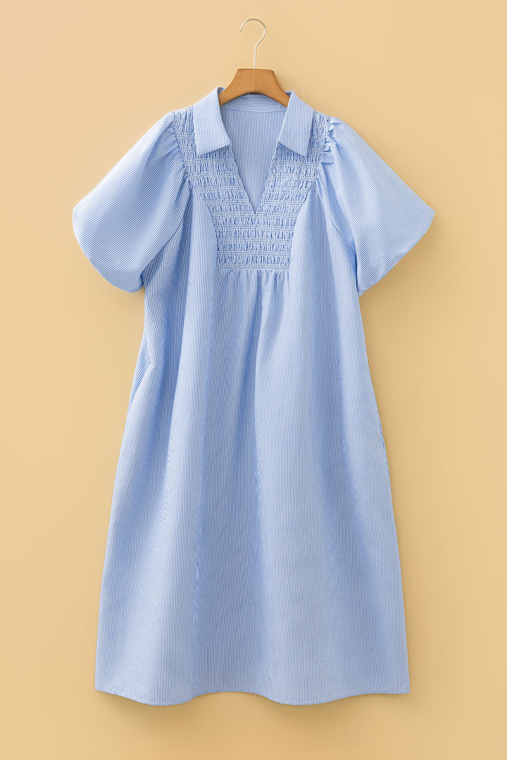 Sky Blue Stripe Shirred Detail Collar Plus Size Midi Dress