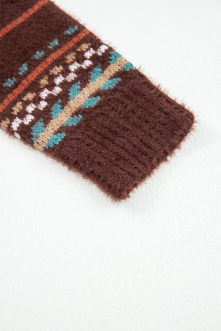 Ethnic Pattern Mohair Knitted Drop Shoulder Sweater