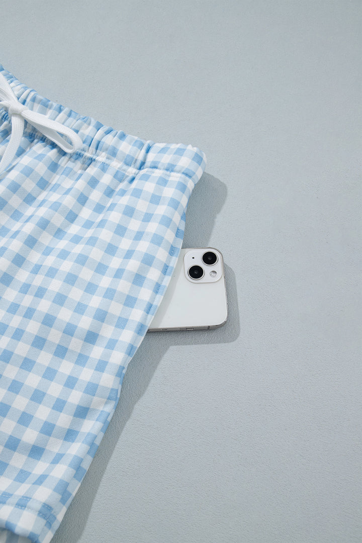 Sky Blue Plaid Baggy Pullover Drawstring Casual Shorts 2pcs Outfit