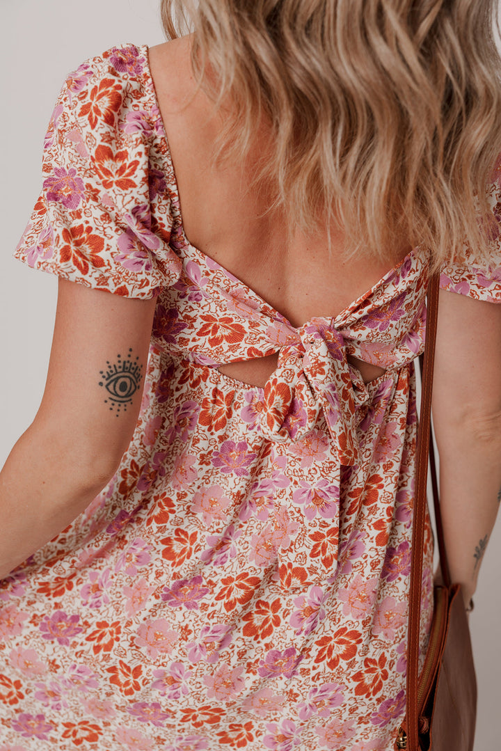 Floral Square Neck Knotted Ruffle Midi Dress