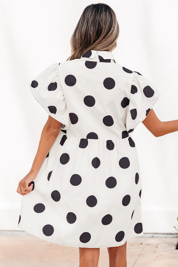 Polka Dot Print Half Button Ruffled Short Sleeve Loose Mini Dress