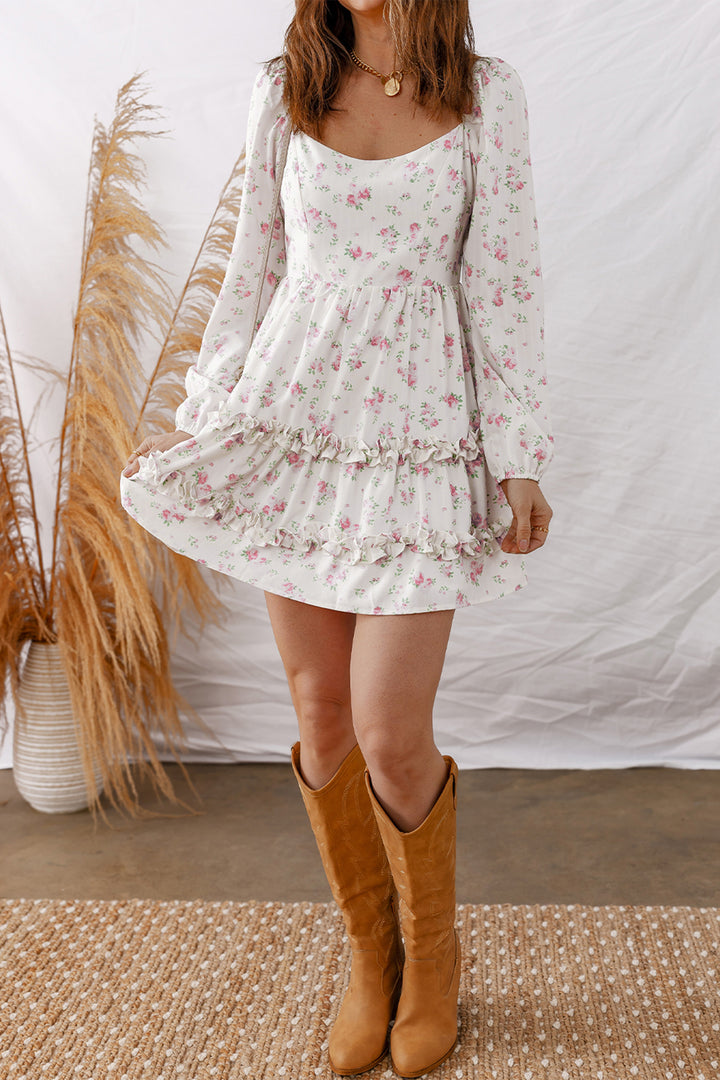 Floral Print Long Sleeve Ruffle Detail Flared Mini Dress
