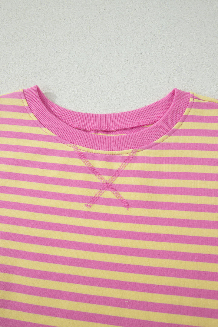 Pink Stripe Relaxed Short Sleeve Top Elastic Waist Drawstring Skort 2pcs Set