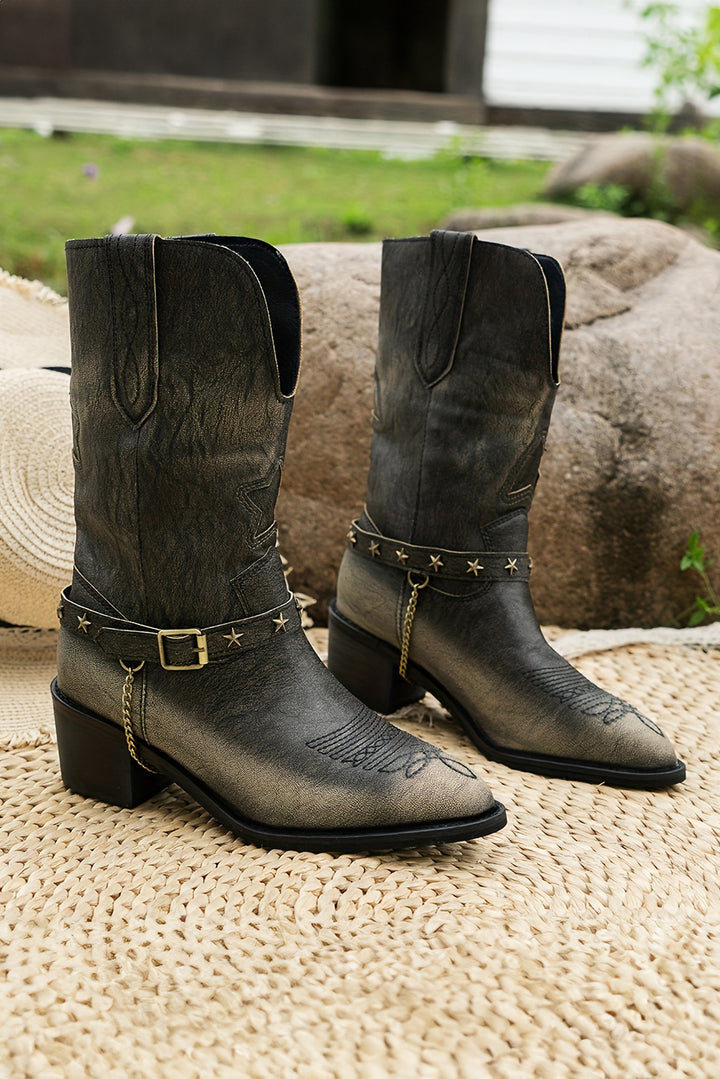 Western Distressed Pointed Toe Chunky Heel Boots