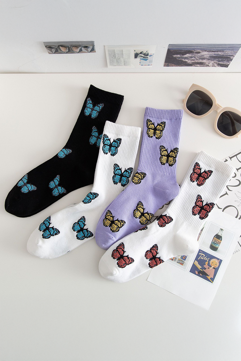 Chaussettes mi-mollet souples à bord côtelé et motif papillon