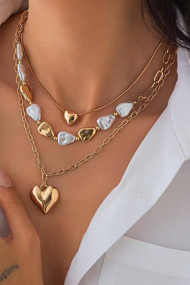 Plated Layered Heart Pendant Irregular Pearl Layered Necklace