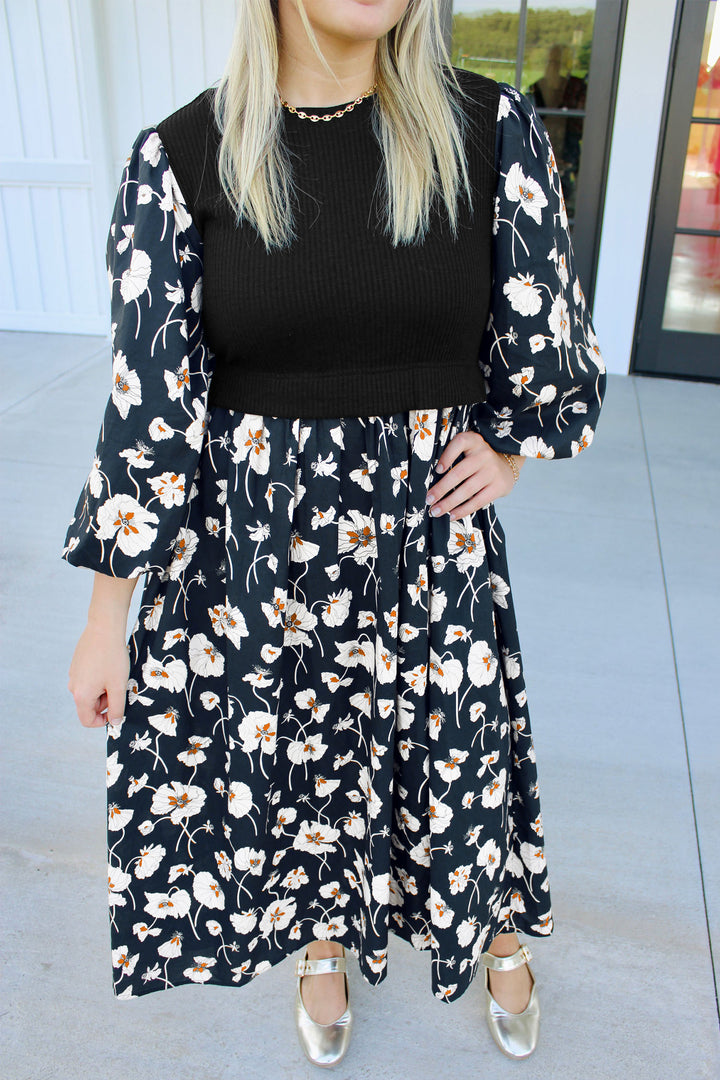 Black Floral Print Long Sleeve Shift Plus Size Dress