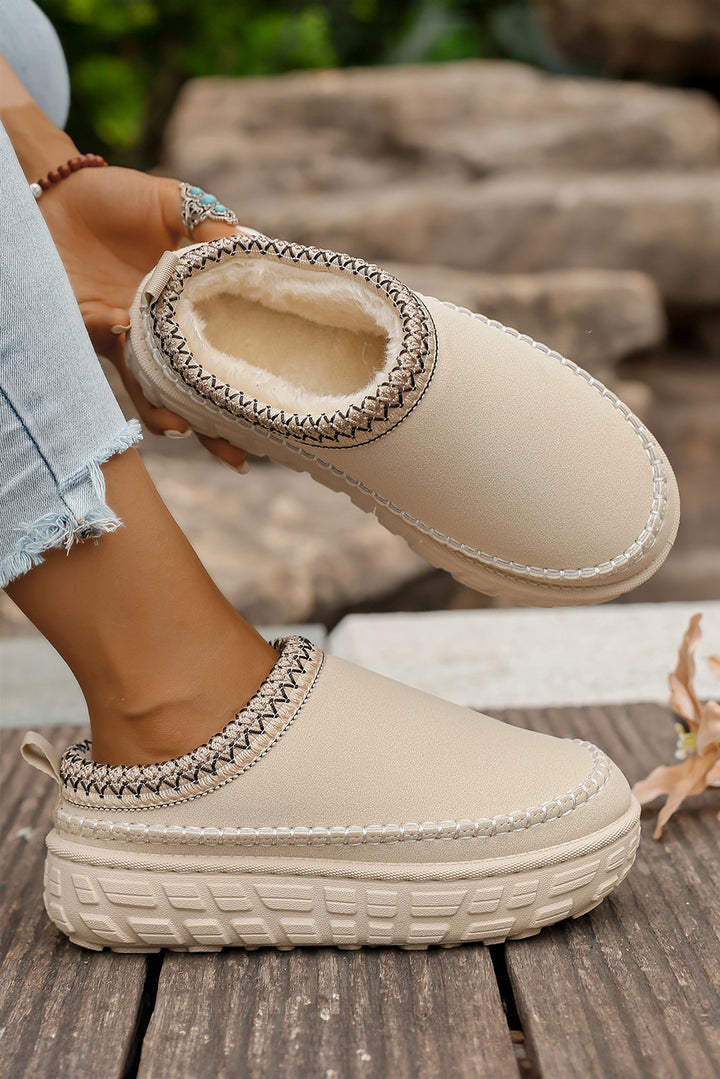 Contrast Stitch Detail Faux Suede PU Patchwork Plush Winter Clog Slippers