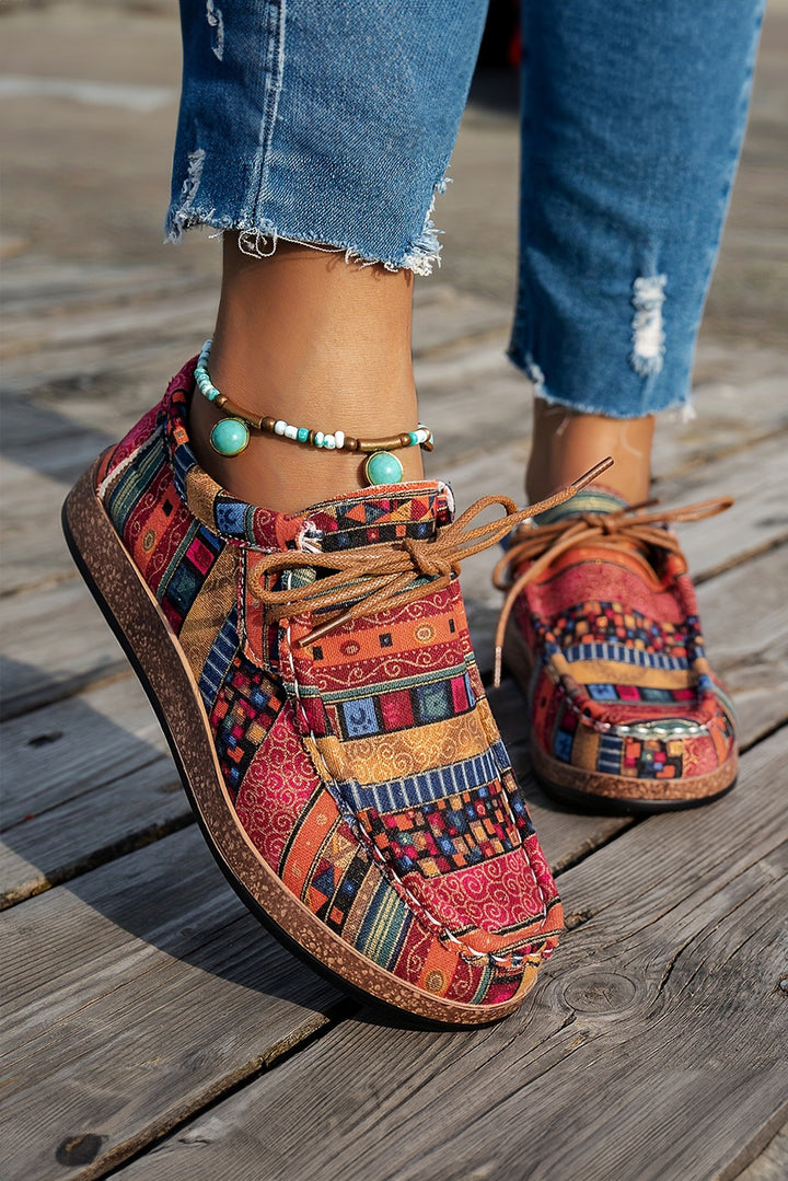 Western Print Faux Suede Lace-up Decor Slip On Shoes