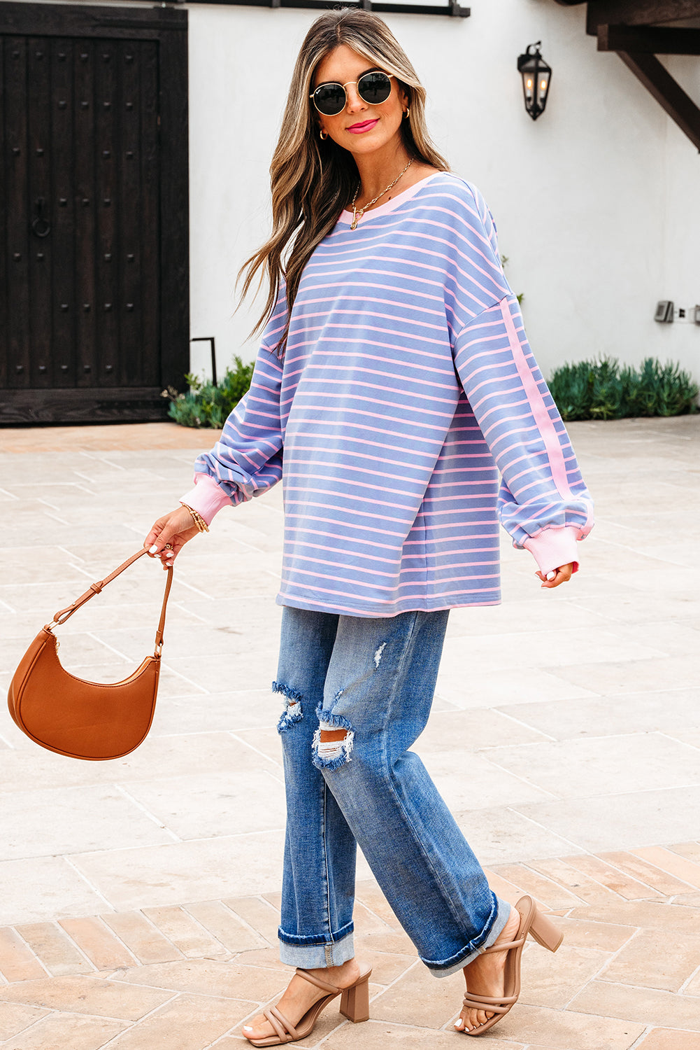 Sky Blue Stripe Oversize Contrast Trim Cotton Casual Top