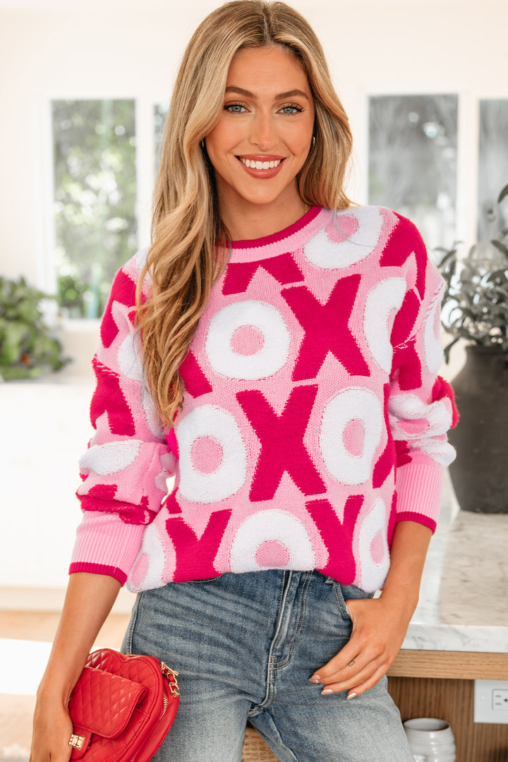 XOXO Pattern Drop Shoulder Crewneck Valentines Sweater