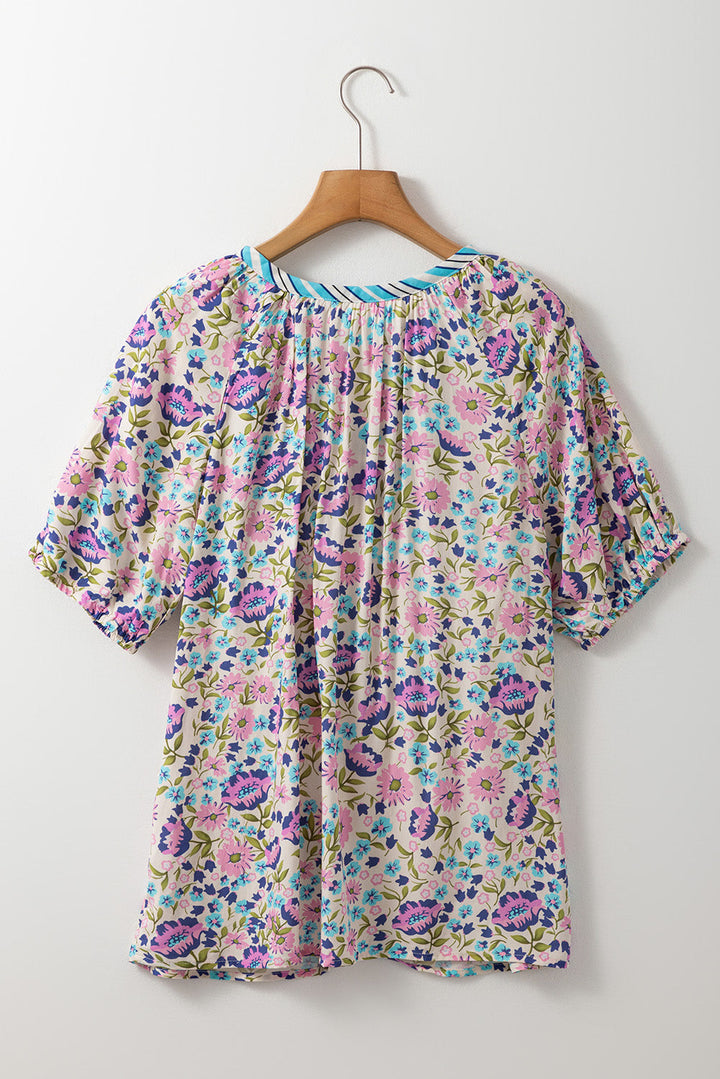 Bohemian Floral V Neck Loose Half Sleeve Blouse