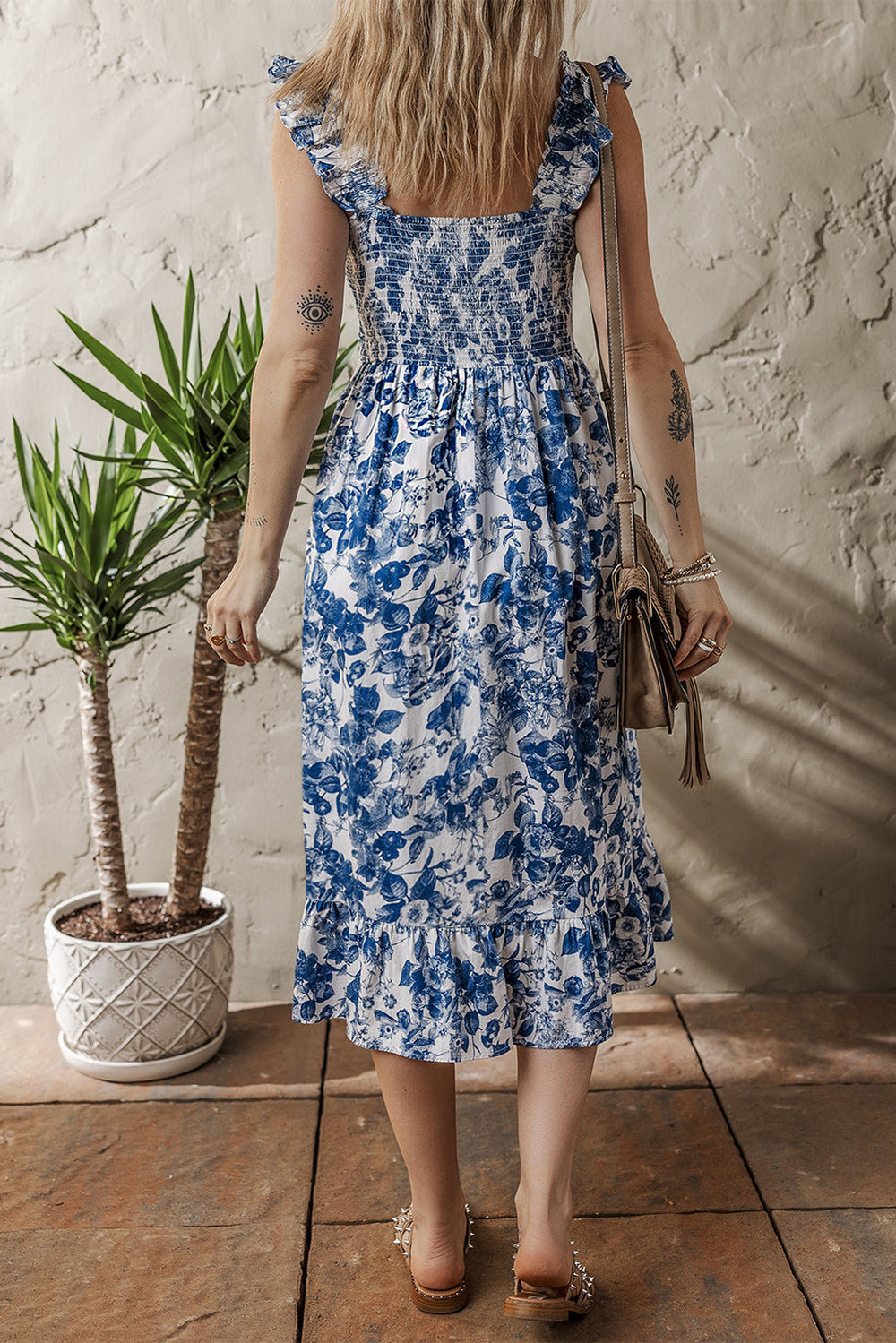floral ruffle strap square neck smocked bodice midi dress