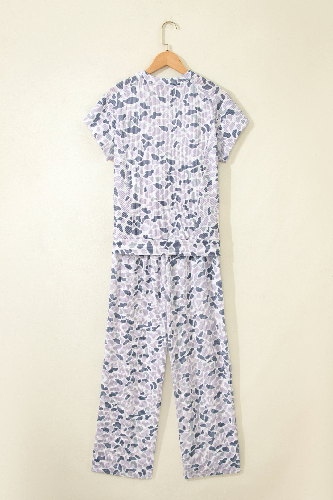 Beige Camouflage Print Twisted Rib Loose Tee Drawstring Pants Set
