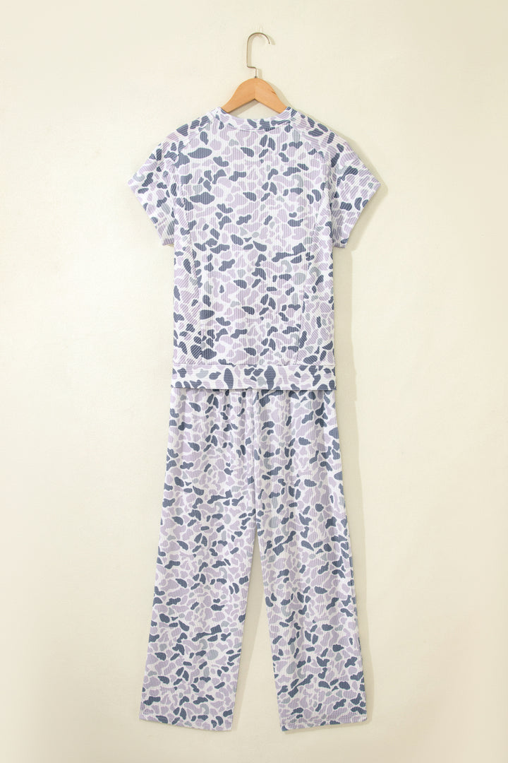 Beige Camouflage Print Twisted Rib Loose Tee Drawstring Pants Set