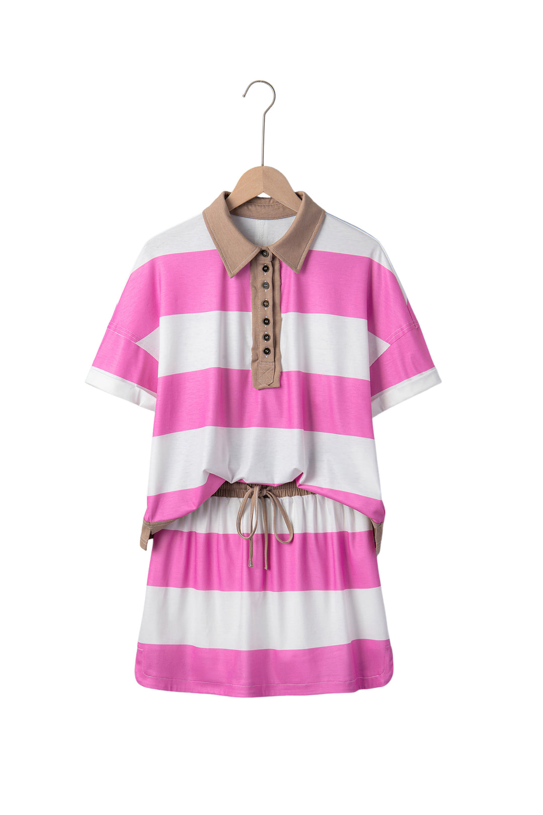 Rose Stripe Colorblock Trim Polo Tee Drawstring Mini Skort 2pcs Set