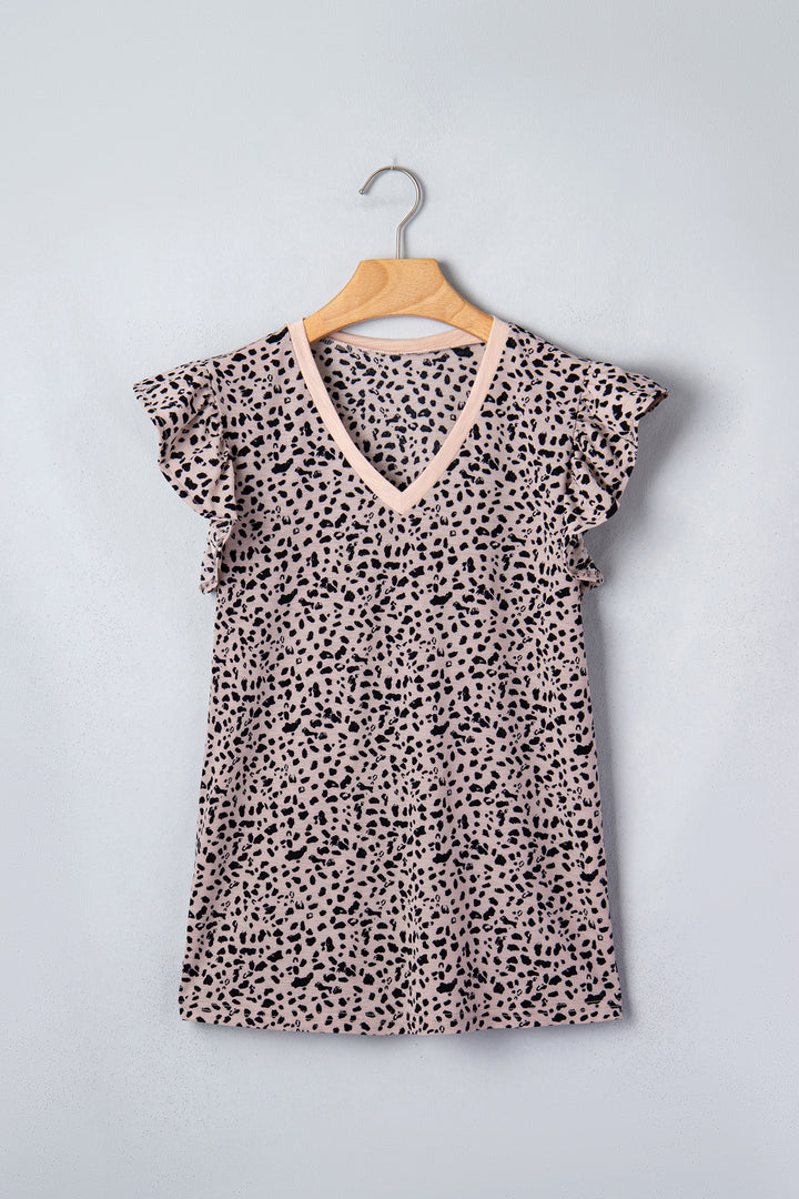 Black Cheetah Print V Neck Ruffle Trim Loose Tank Top