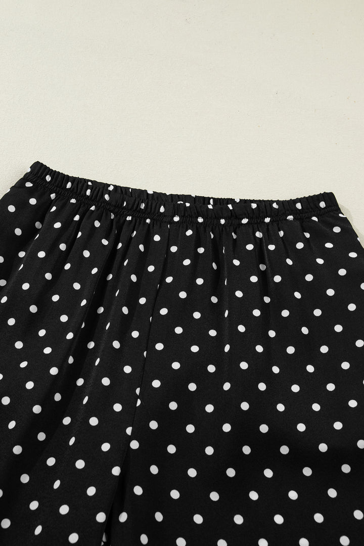 Black Polka Dot Print Elastic Waist Lace Hem Loose Pants