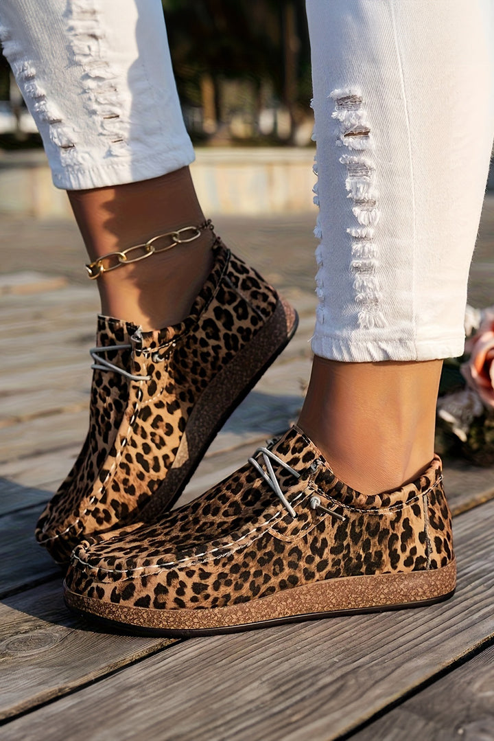 Leopard Faux Suede Lace-up Decor Slip On Shoes