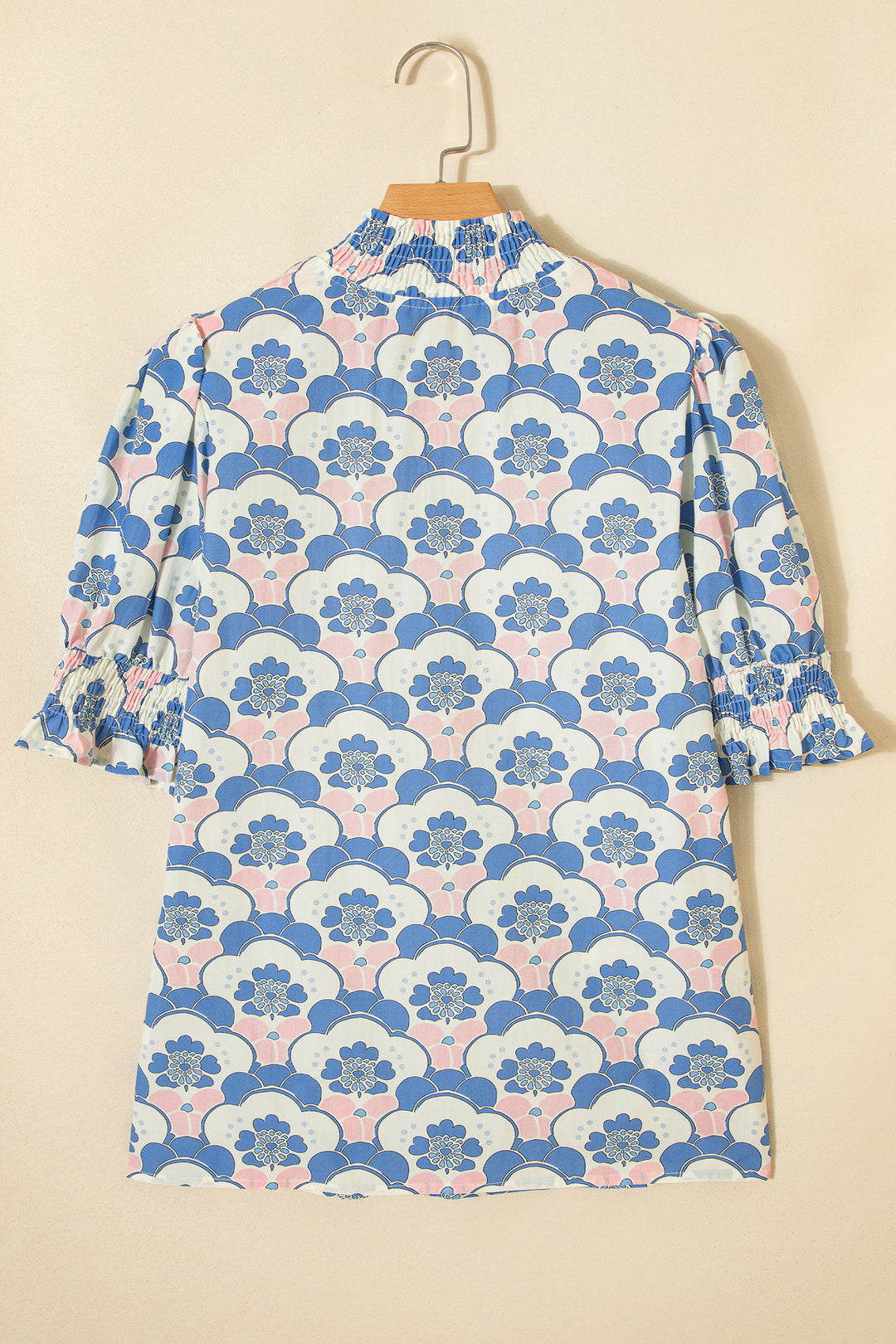 Floral Print Flounced Short Sleeve Contrast Trim V Neck Blouse