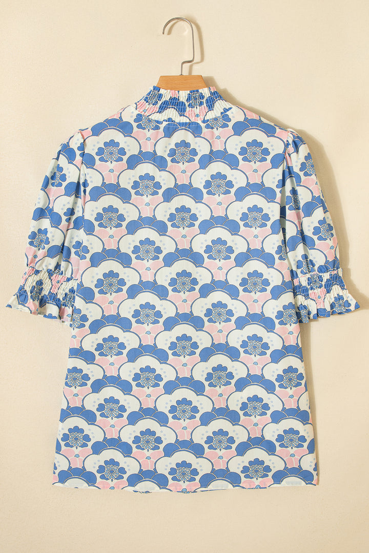 Floral Print Flounced Short Sleeve Contrast Trim V Neck Blouse