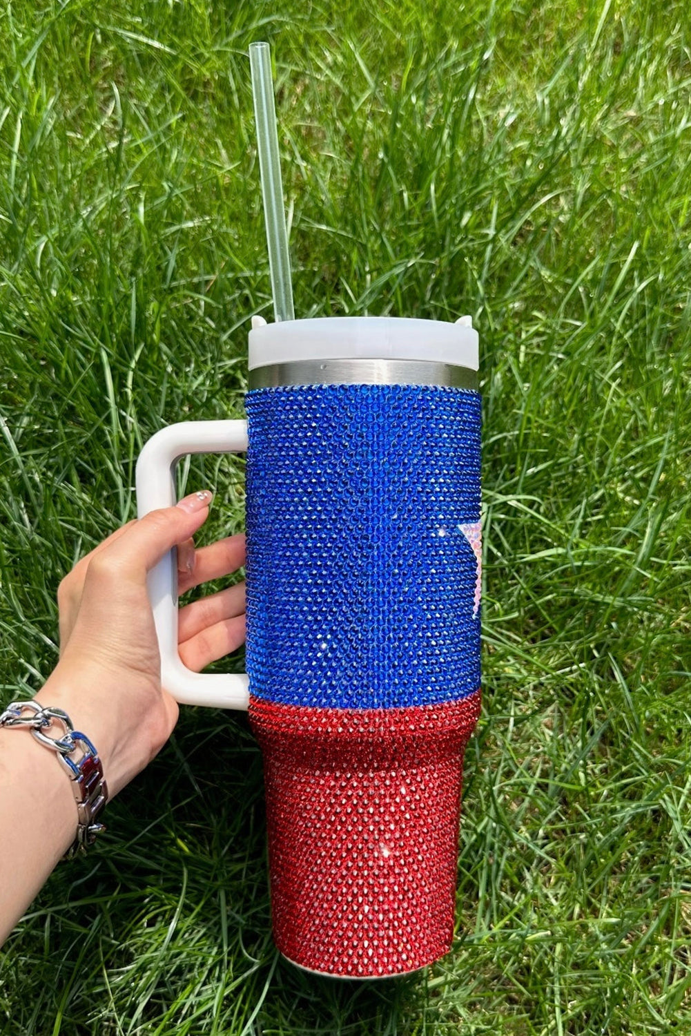 American Flag Star Full Rhinestone Handle Tumbler 40oz