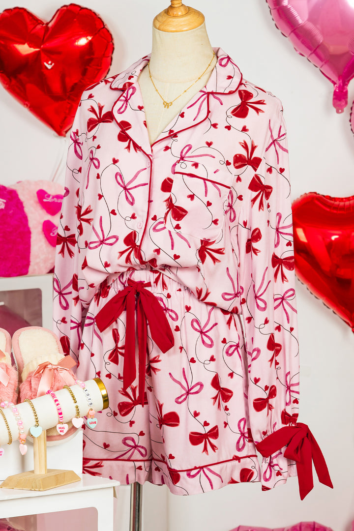 Red Bow Print Valentine Long Sleeve Shirt Shorts 2 Pcs Pajama Set