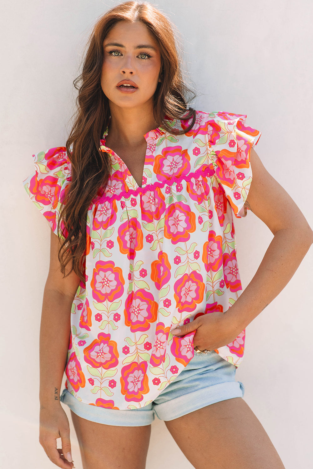 floral ruffled sleeve ric rac trim split neck loose blouse