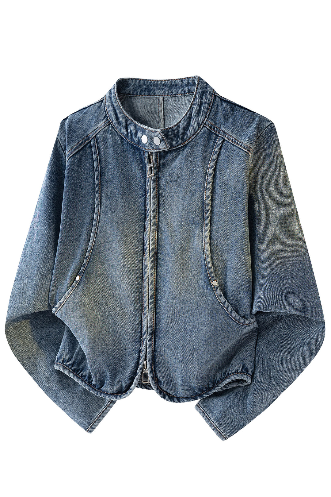 Navy Blue Button Collar Zip Up Vintage Washed Denim Jacket