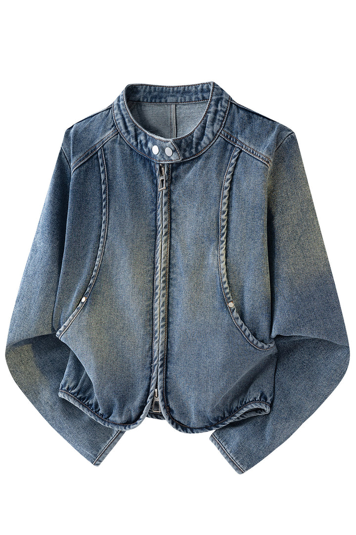 Navy Blue Button Collar Zip Up Vintage Washed Denim Jacket