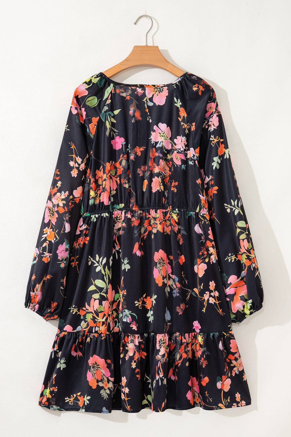 Black Plus Size Floral Print Tie Neck Long Sleeve Mini Dress