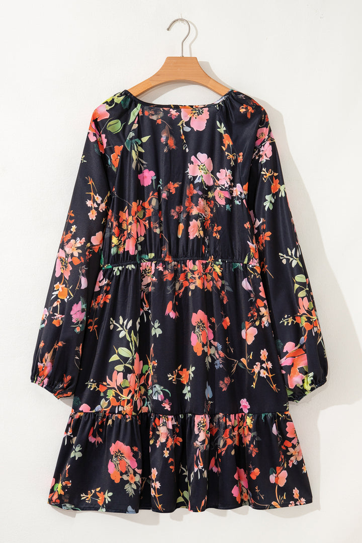 Black Plus Size Floral Print Tie Neck Long Sleeve Mini Dress