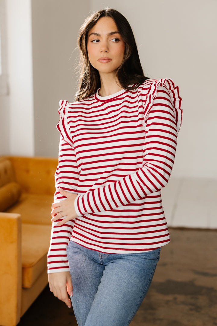 Round Neck Ruffle Trim Long Sleeve Top