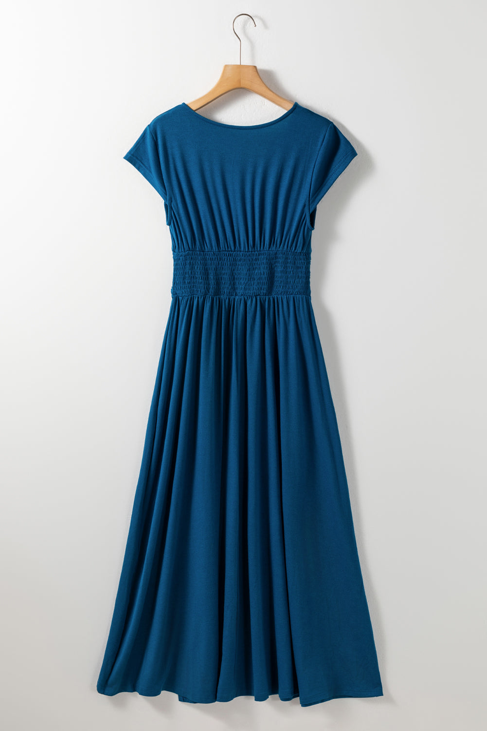 Short Sleeve Shirred High Waist V Neck Maxi Dress