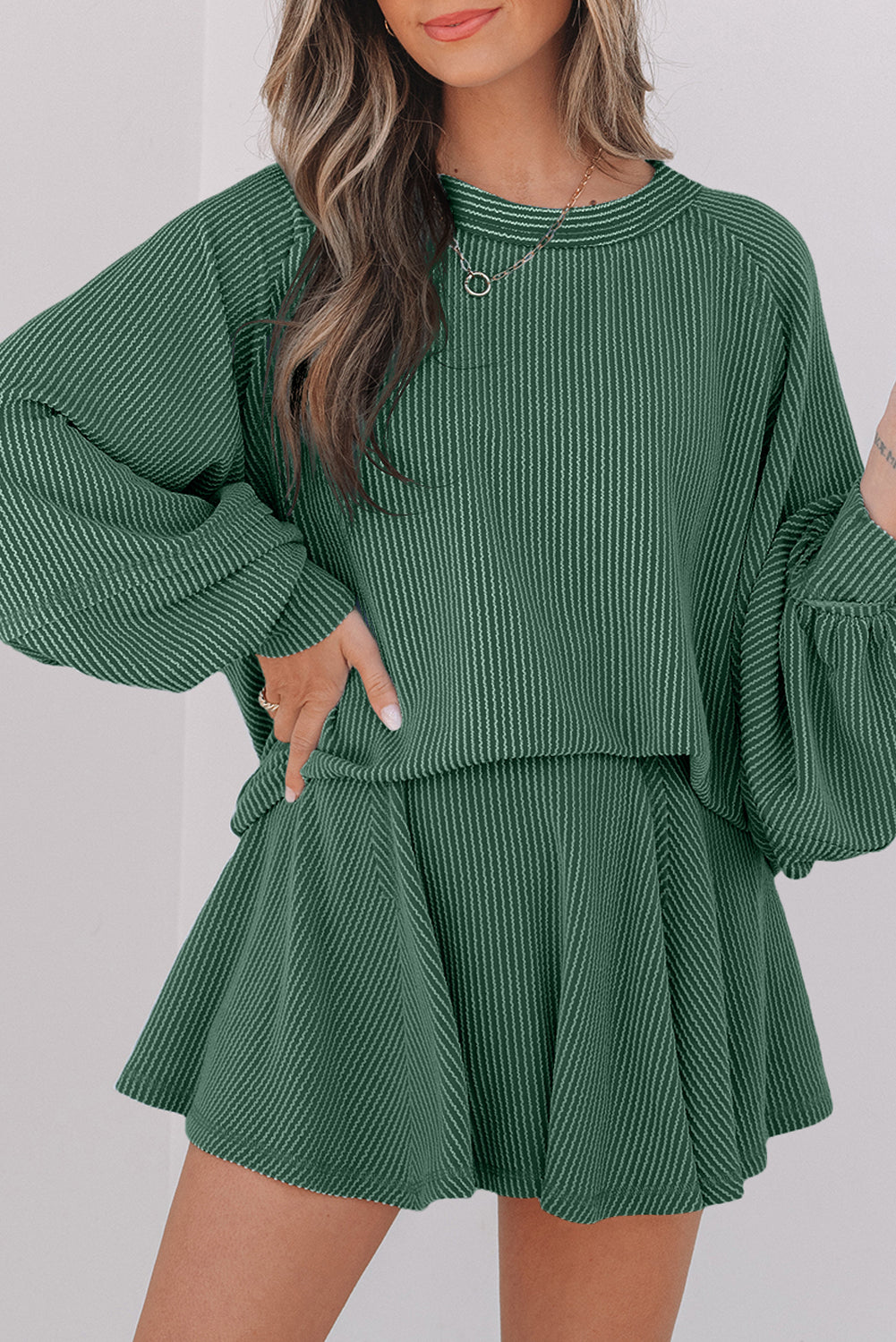 Mist Green Corded Lantern Sleeve Top Ruffled Mini Skort Set