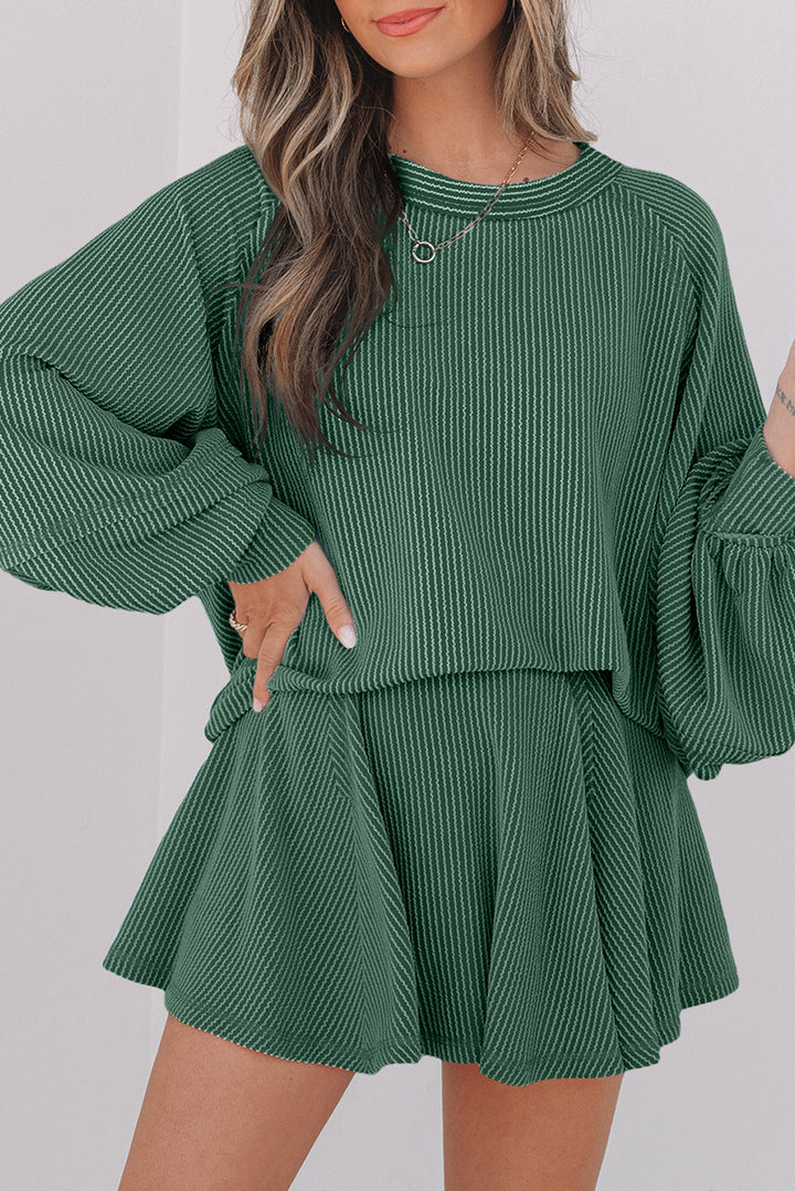 Mist Green Corded Lantern Sleeve Top Ruffled Mini Skort Set