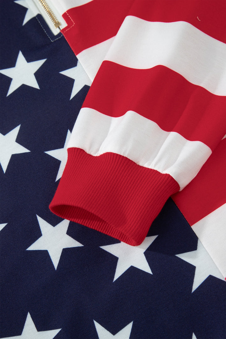 Multicolour Stars Stripes American Flag Zipped Collar Oversized Sweatshirt
