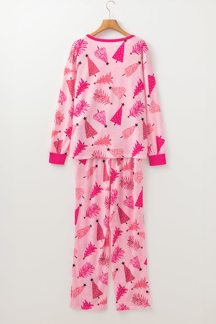 christmas tree print v neck buttoned pullover and drawstring pants lounge set