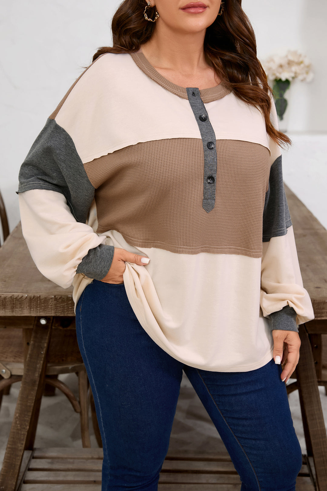 Jet Stream Waffle Patchwork Colorblock Half Buttons Casual Plus Size Knit Jumper