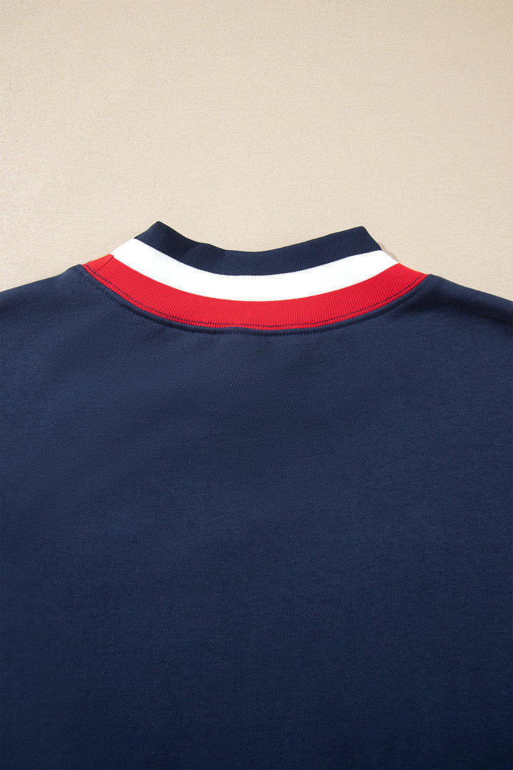 Dirty blue USA Slogan Patch Embroidery Colorblock High Neck Long Sleeve Sweatshirt