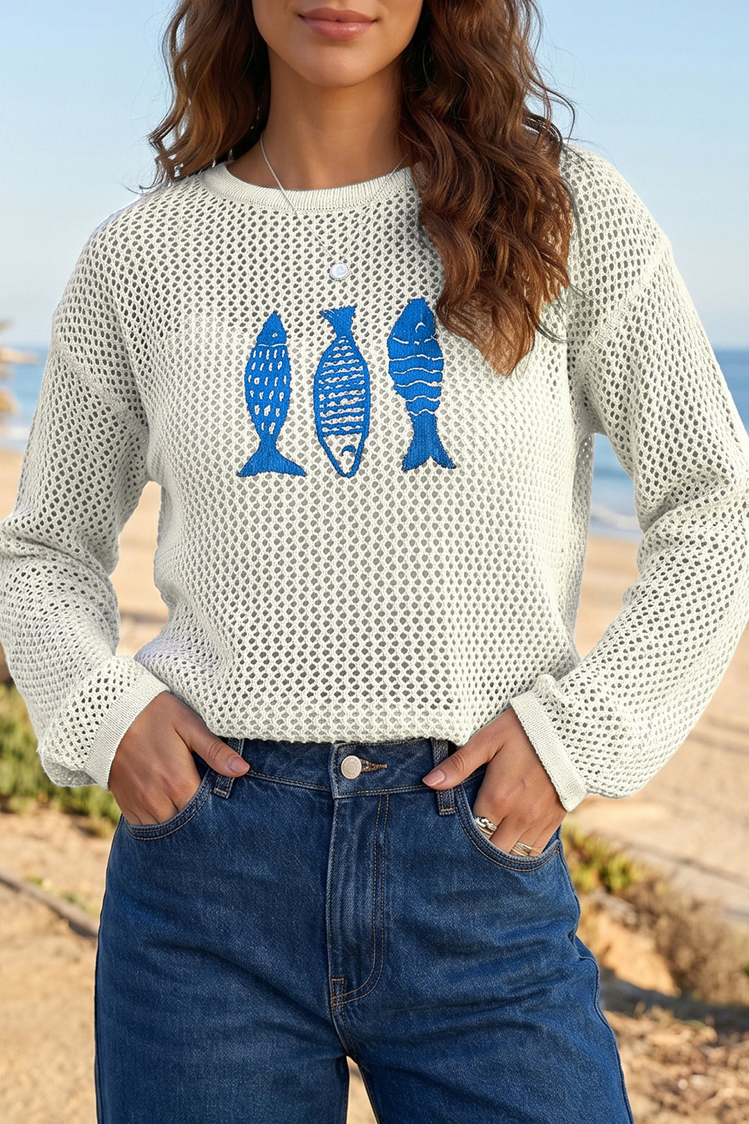 White Open Knit Fish Embroidered Casual Sweater